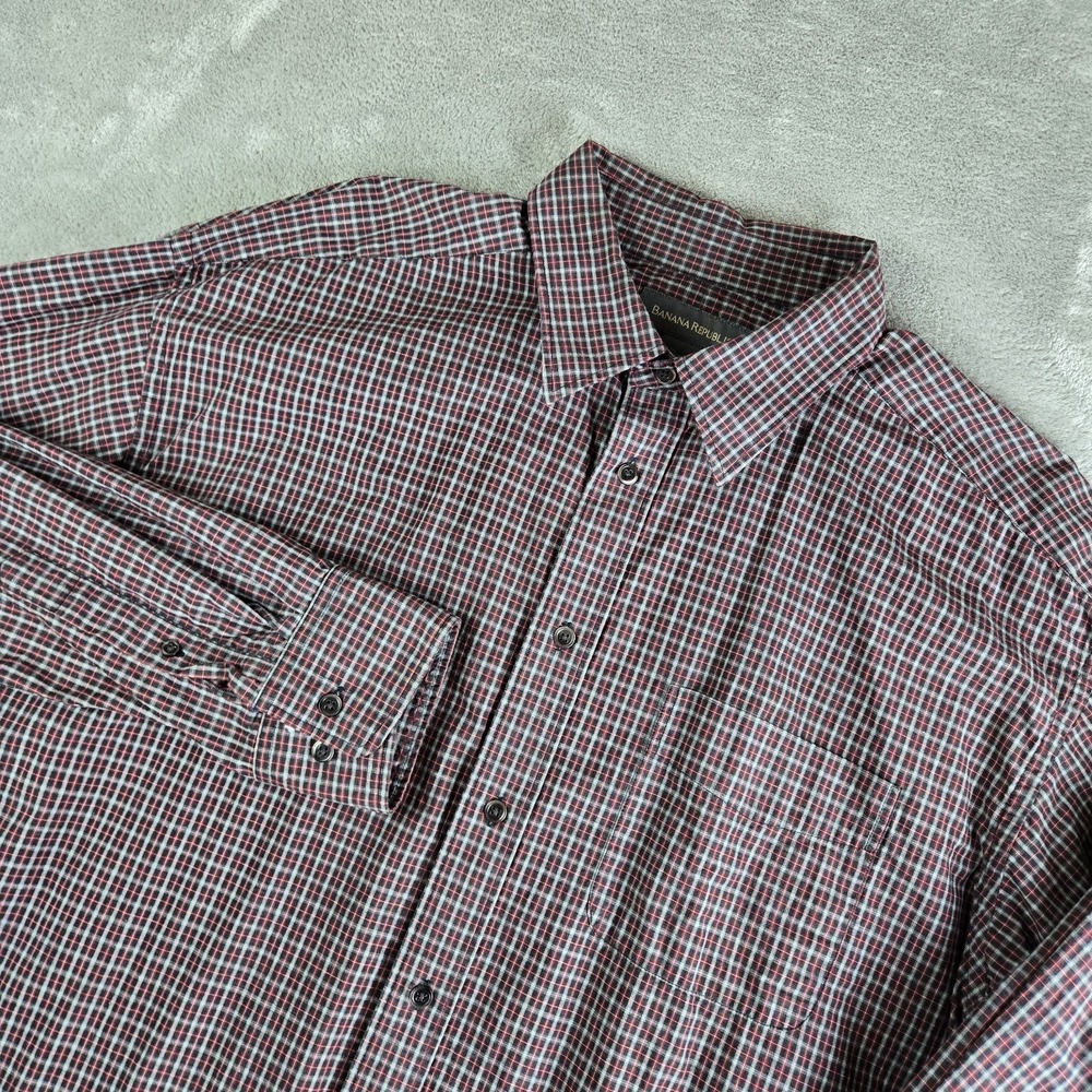 Banana Republic Shirt Mens XL Gray Red‎ Checkered Long Sleeve Casual Career Work